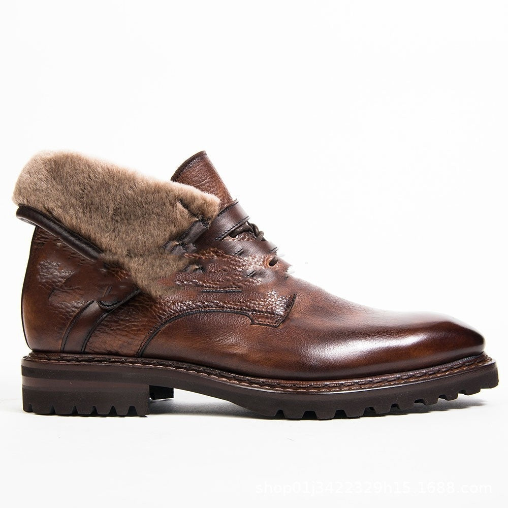 Round Head Front Lace-up Wool Mouth Low-cut British Style Chunky Heel Low Men's Boots