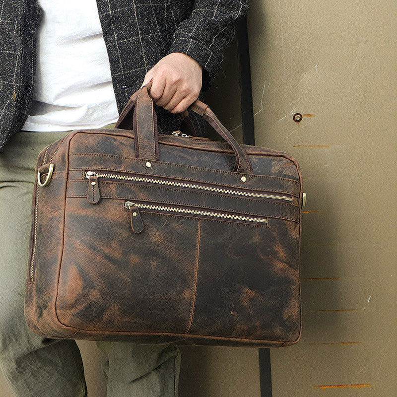 Vintage leather men's bag crazy horse leather briefcase